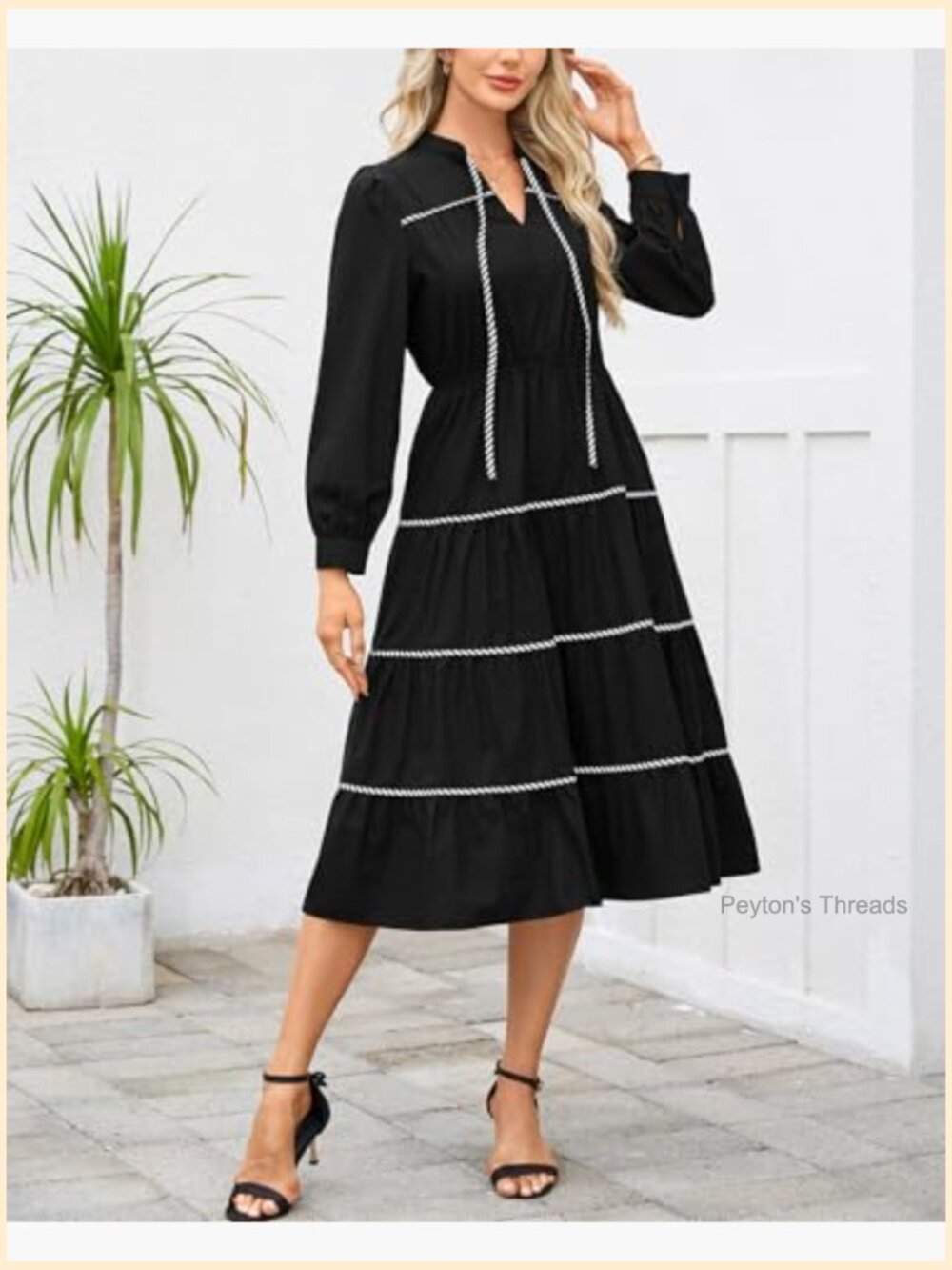 Women's Long Sleeve Tiered Midi Dress V Neck Elastic Waist Flowy Ruffle Dress - Picture 3 of 6